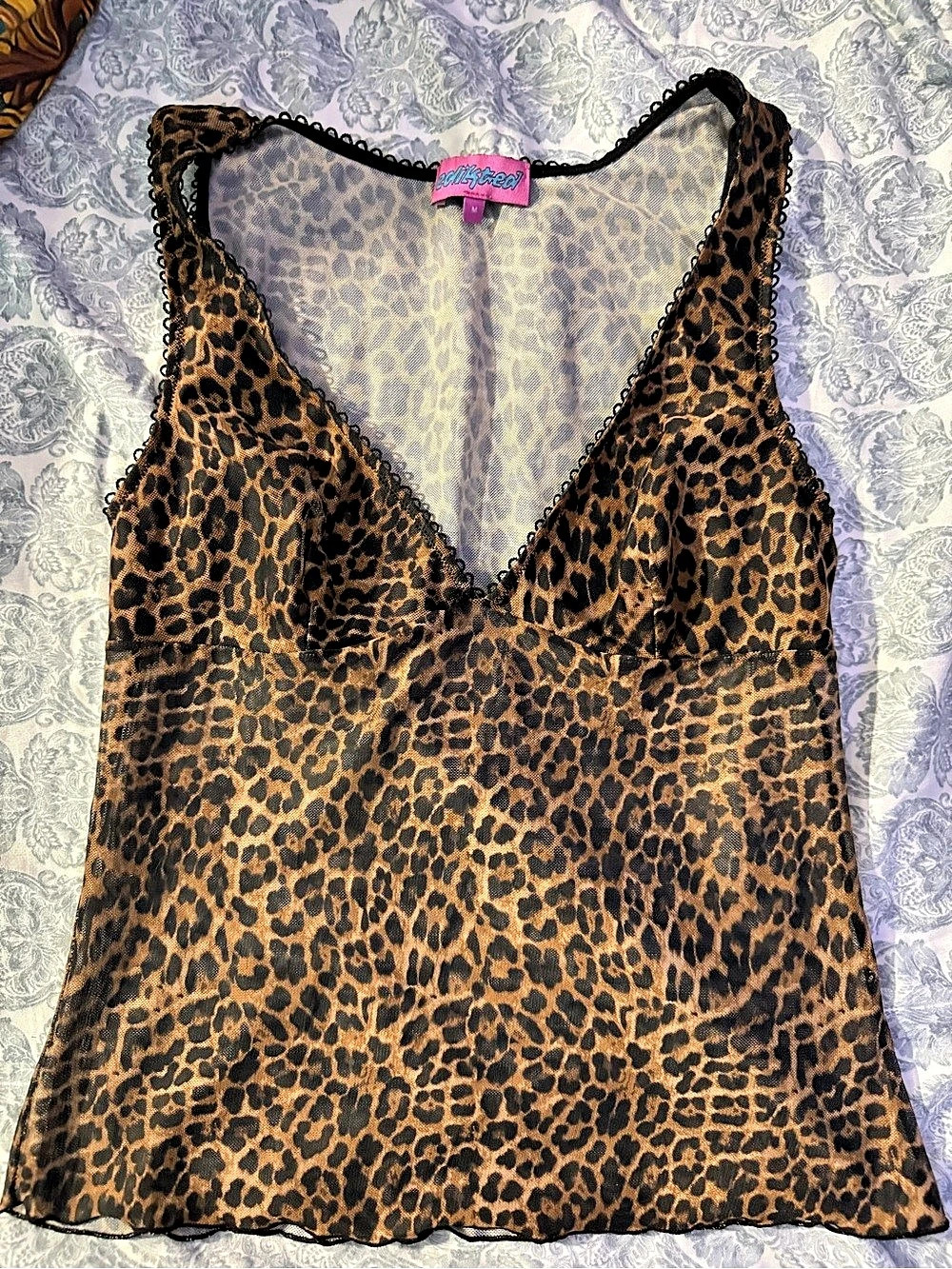 Edikted Sheer Leopard Print Mesh Tank Top Brown & Black Medium